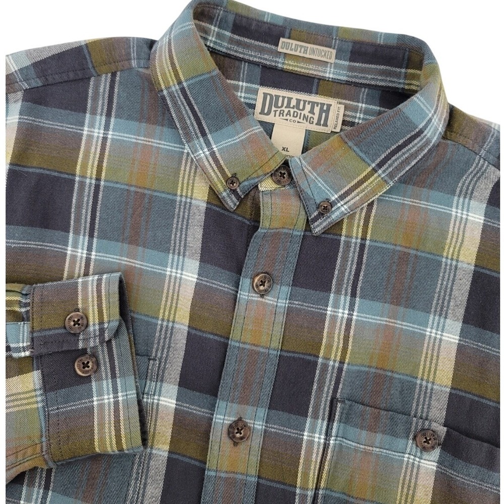 Duluth Trading Co Mens XL Relaxed Fit Untucked Flannel Shirt Blue Work Plaid